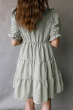 Green Stripe Ruffled Short Sleeve  Dress