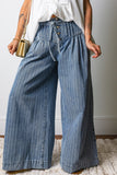 Stripe Pleated Drawstring Waist Wide Leg Jeans