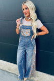 Floral Patchwork Denim Wide Leg Overalls