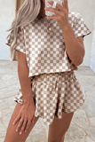 Brown Checkerboard T Shirt and Skorts 2 Piece Outfit
