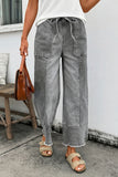 Gray Drawstring Raw Hem Wide Leg Denim Pants
