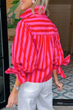 Red Stripe Puff Sleeve  Button Down Shirt