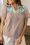Pony Embroidered Puff Sleeve Blouse -Brown