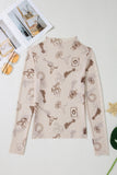 Western Print Mesh Long Sleeve Mock Neck Top
