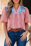 Pony Embroidered Puff Sleeve Blouse - Red