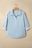 Sky Blue Stripe 3/4 Sleeve Collared Neck Blouse