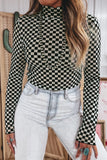 Black Plaid Long Sleeve Mesh Top