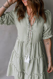 Green Stripe Ruffled Short Sleeve  Dress