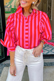 Red Stripe Puff Sleeve  Button Down Shirt