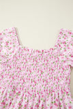 Pink Floral Short Bubble Sleeve Shirred High Waist Maxi Dress