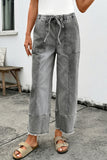 Gray Drawstring Raw Hem Wide Leg Denim Pants