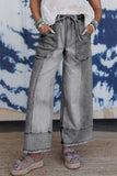Gray Drawstring Raw Hem Wide Leg Denim Pants