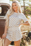 Brown Checkerboard T Shirt and Skorts 2 Piece Outfit