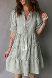 Green Stripe Ruffled Short Sleeve  Dress