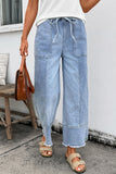 Drawstring Raw Hem Wide Leg Denim Pants