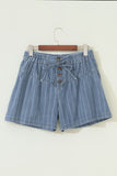 Sky Blue Stripe Drawstring Button Pleated High Waist Denim Shorts