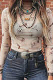 Western Print Mesh Long Sleeve Mock Neck Top