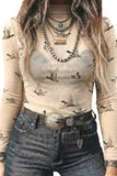 Western Print Mesh High Neck Top