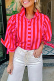 Red Stripe Puff Sleeve  Button Down Shirt