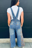 Floral Patchwork Denim Wide Leg Overalls