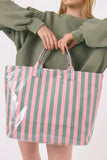 Green Glossy Striped Vinyl Large Tote Bag