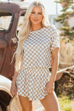 Brown Checkerboard T Shirt and Skorts 2 Piece Outfit