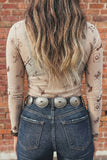 Western Print Mesh Long Sleeve Mock Neck Top