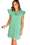Green Stripe Flutter Sleeve Short Dress