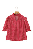 Red Stripe Ruffled Short Puff Sleeve Button Front Blouse