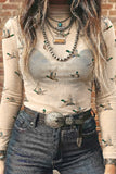Western Print Mesh High Neck Top