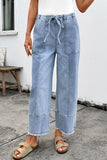 Drawstring Raw Hem Wide Leg Denim Pants