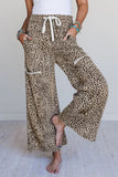 Khaki Leopard Wide Leg Terry Knit Pants