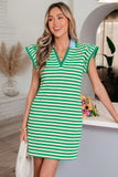 Green Stripe Flutter Sleeve Short Dress