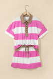 Rose Stripe Colorblock Trim Polo Tee Drawstring Mini Skirt 2pcs Set
