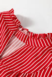 Red Stripe Ruffled Short Puff Sleeve Button Front Blouse