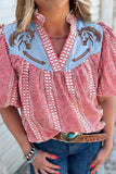 Pony Embroidered Puff Sleeve Blouse - Red
