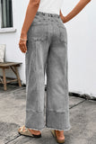 Gray Drawstring Raw Hem Wide Leg Denim Pants