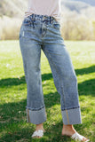Blue Cuffed Straight Loose Jeans