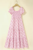 Pink Floral Short Bubble Sleeve Shirred High Waist Maxi Dress