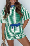 Green Stripe Drop Shoulder Short Set