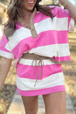 Rose Stripe Colorblock Trim Polo Tee Drawstring Mini Skirt 2pcs Set