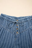 Stripe Pleated Drawstring Waist Wide Leg Jeans