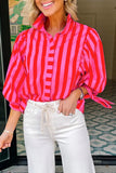 Red Stripe Puff Sleeve  Button Down Shirt