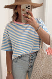 Blue Stripe Crew Neck Drop Shoulder Tee