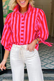 Red Stripe Puff Sleeve  Button Down Shirt