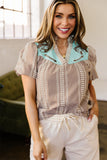 Pony Embroidered Puff Sleeve Blouse -Brown