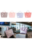 Green Glossy Striped Vinyl Large Tote Bag