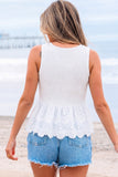 White Sleeveless Smocked Lace Peplum Top