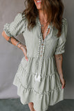 Green Stripe Ruffled Short Sleeve  Dress