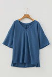 Blue Pointelle Plus Size V Neck Top